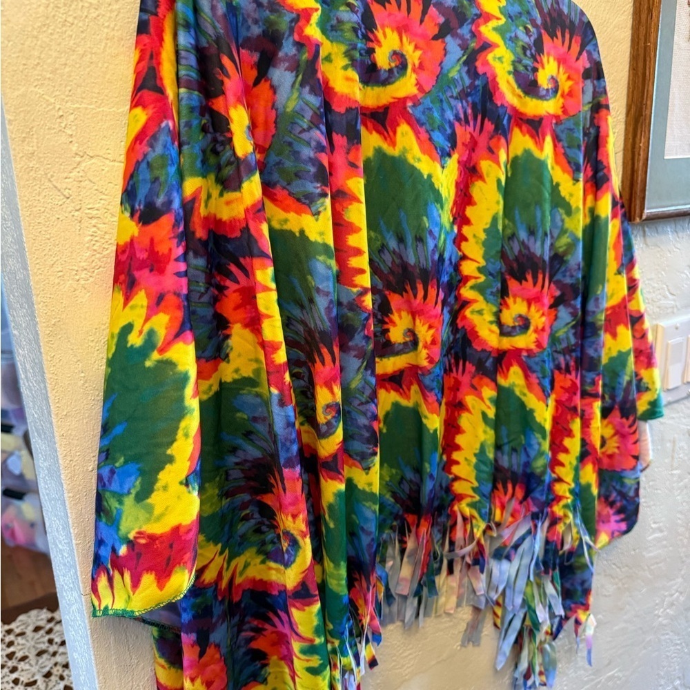 Vibrant Tie-Dye Fringe Top Hippie Costume Cape - Picture 9 of 11